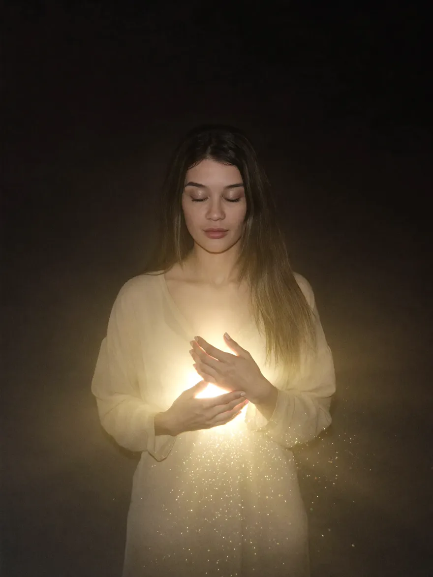 Vitoria Purcini segurando uma luz dourada entre as mãos, no escuro